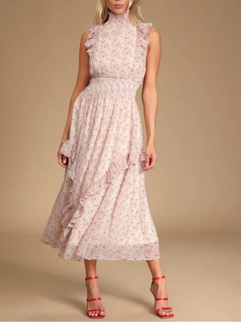 NWT Lulus Evalina White Floral Mock Neck Midi Dress Ruffle Smocked Size S